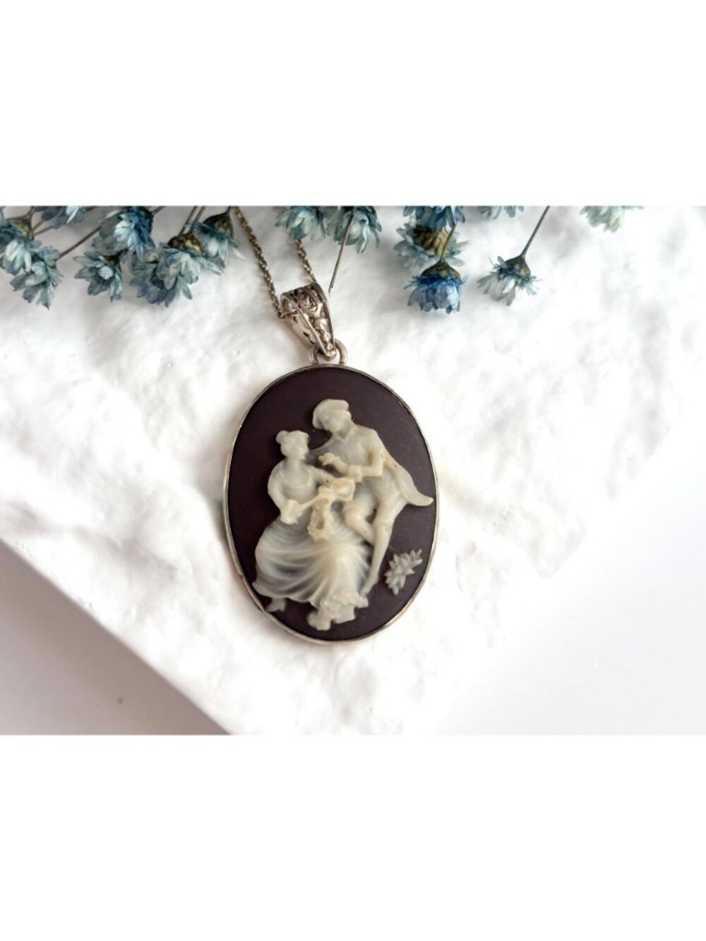 Courting Scene Brown & White Cameo Two Lovers 925 Vintage Pendant Necklace - 17" - Picture 16 of 16